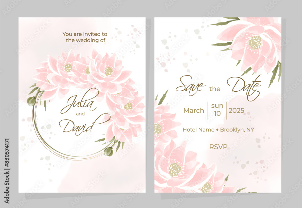 Versatile templates for wedding card designs, notepad covers or invitations. Festive watercolor design with gold line and lotus flowers in a round frame with space for text. Versatile templates for wedding card designs, notepad covers or invitations. Festive watercolor design with gold line and lotus flowers in a round frame with space for text.