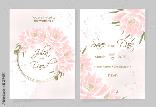 Versatile templates for wedding card designs, notepad covers or invitations. Festive watercolor design with gold line and lotus flowers in a round frame with space for text.