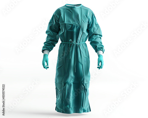 Medical worker wearing a green protective gown and gloves standing on a white background, showcasing healthcare protective equipment.