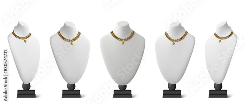 Realistic white stands for jewelry. Bust necklace mannequin vector realistic. Mannequin no head.