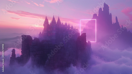 A magical fantasy castle perched atop a misty mountain, with turrets and spires outlined by a violet gradient rectangle at sunset