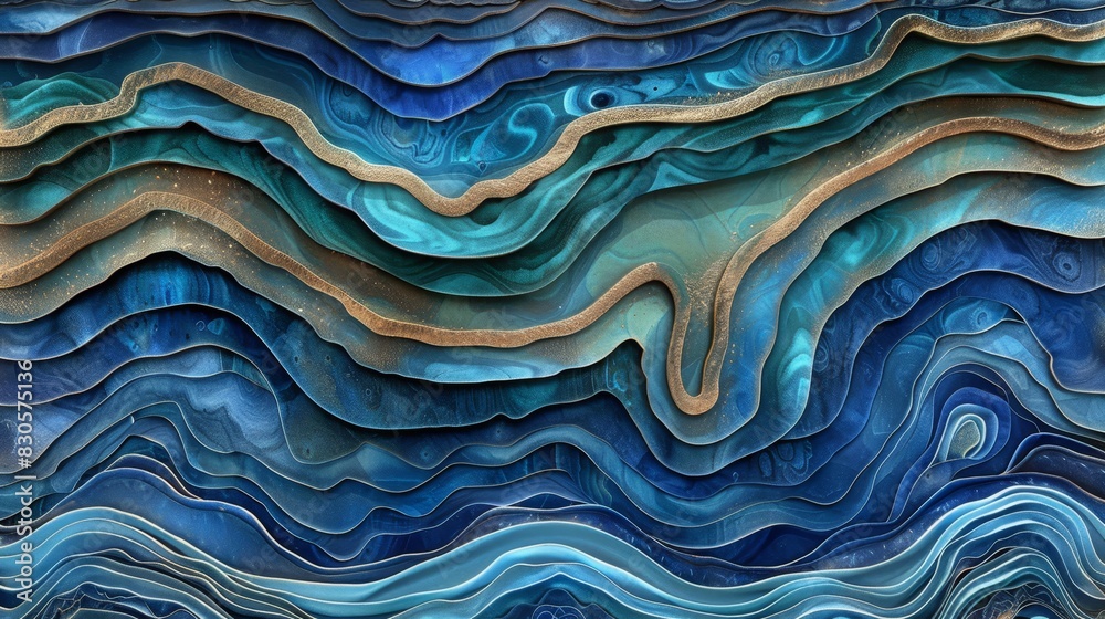 Obraz premium A tight shot of an abstract artwork featuring undulating lines in shades of blue, green, and gold The lower portion of the painting displays a wavy pattern, repeated in the upper half