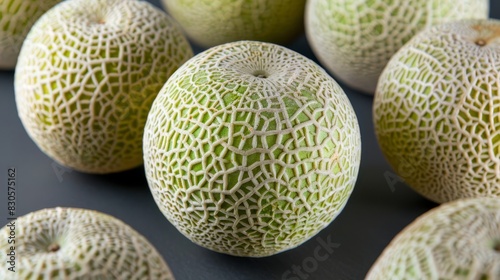  A collection of cantaloupes arranged on a black surface, adorned with distinct patterns atop each fruit photo