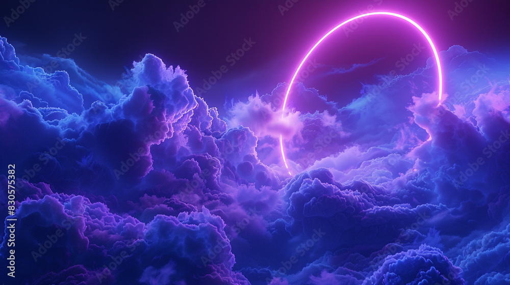 Periwinkle neon ring enhances a dark sky filled with swirling clouds in 3D, Periwinkle neon ring enhances a dark sky filled with swirling clouds in 3D,