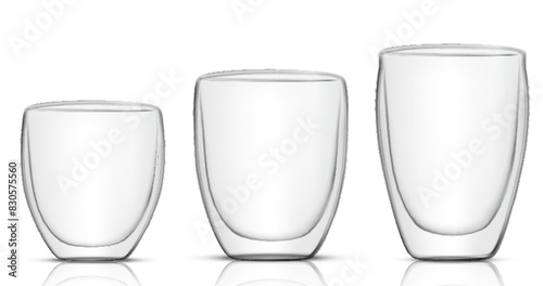 Set transparent vector of realistic  double walled glasses of hot drink, espresso, cappuccino or latte. Mockup for brand advertising.