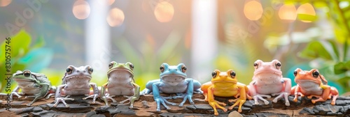 A group of different frogs are sitting on a log, wild nature outdoor background, wide panoramic banner with copy space. photo