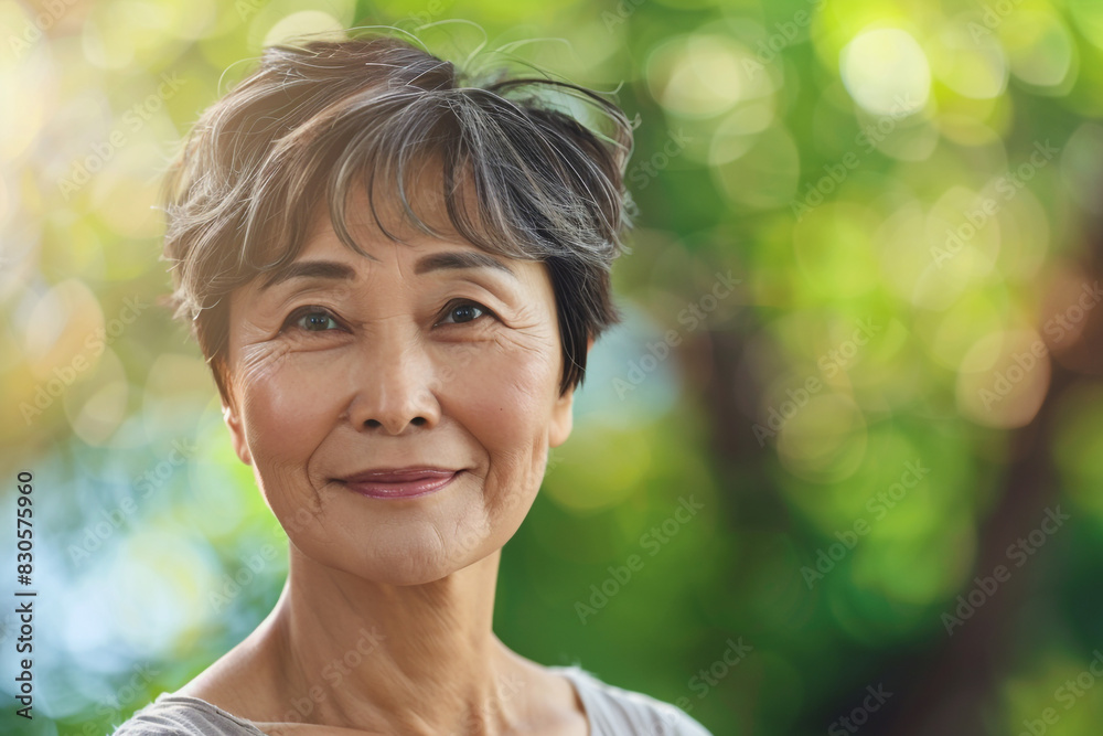 Portrait of beautiful senior asian woman in her fifties with short hair looking at camera and smiling on green bokeh background, close up portrait of middle aged japanese lady outdoors, copy space con Portrait of beautiful senior asian woman in her fifties with short hair looking at camera and smiling on green bokeh background, close up portrait of middle aged japanese lady outdoors, copy space con