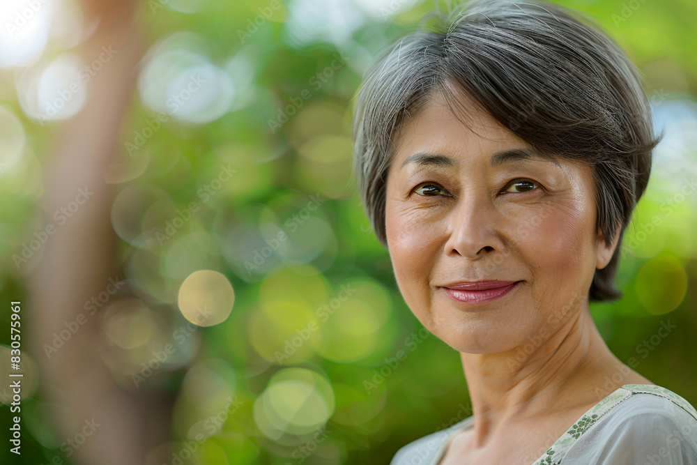 Portrait of beautiful senior asian woman in her fifties with short hair looking at camera and smiling on green bokeh background, close up portrait of middle aged japanese lady outdoors, copy space con Portrait of beautiful senior asian woman in her fifties with short hair looking at camera and smiling on green bokeh background, close up portrait of middle aged japanese lady outdoors, copy space con