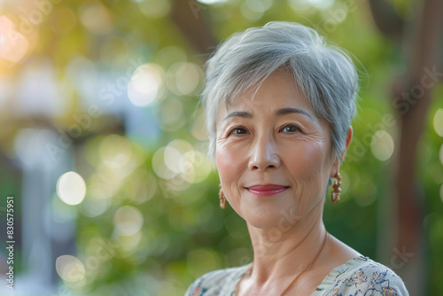 Portrait of beautiful senior asian woman in her fifties with short hair looking at camera and smiling on green bokeh background, close up portrait of middle aged japanese lady outdoors, copy space con