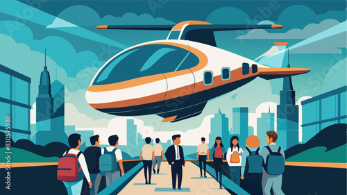 A sleek futuristic air taxi swooping in to land while students eagerly wait to board.. Vector illustration