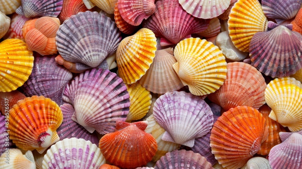 A pile of colorful seashells atop another pile, both resting next to yet another pile of seashells A pile of colorful seashells atop another pile, both resting next to yet another pile of seashells
