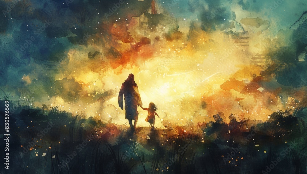 Jesus walking with his little girl, a light from heaven surrounding them, ethereal clouds and lights in the background, a beautiful watercolor painting Jesus walking with his little girl, a light from heaven surrounding them, ethereal clouds and lights in the background, a beautiful watercolor painting