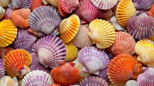  A pile of colorful seashells atop another pile, both resting next to yet another pile of seashells