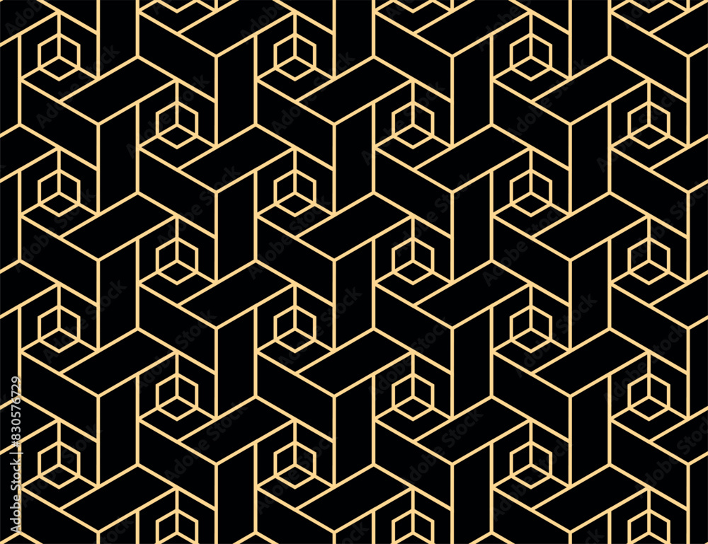 The geometric pattern with lines. Seamless vector background. Golden and black texture. Graphic modern pattern. Simple lattice graphic design.