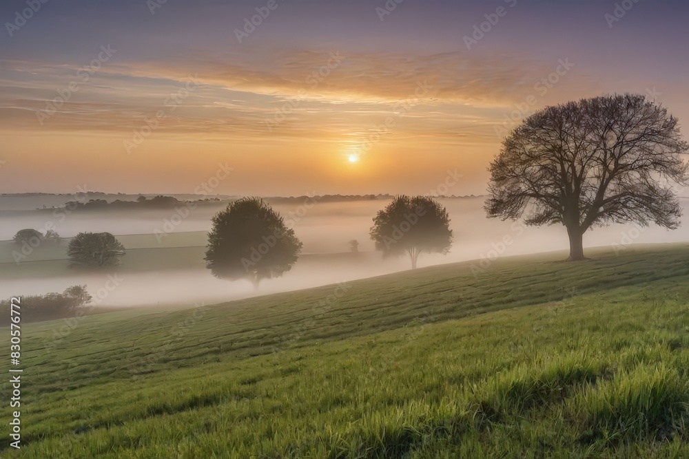 Foggy sunrise over tranquil countryside landscape Foggy sunrise over tranquil countryside landscape