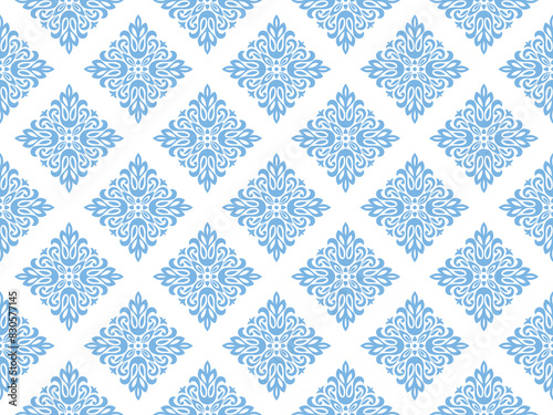 Wallpaper in the style of Baroque. Seamless vector background. White and blue floral ornament. Graphic pattern for fabric, wallpaper, packaging. Ornate Damask flower ornament