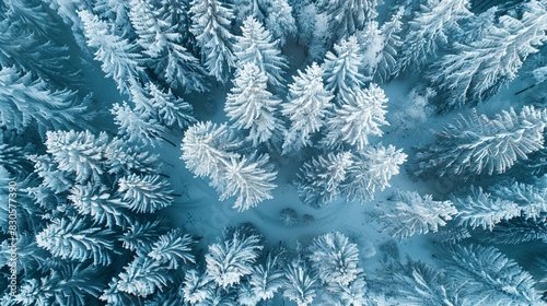 Abstract blue winter forest aerial view, snow-covered trees, top-down view, drone photography, cold and serene atmosphere, snowy landscape, high resolution.