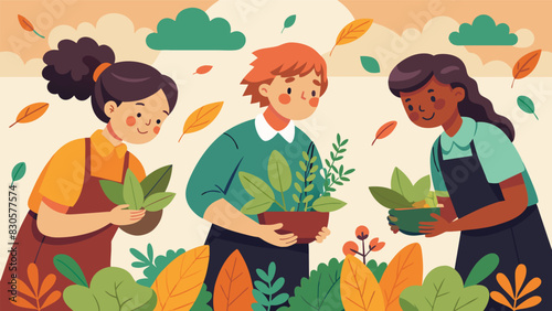Amidst the crisp autumn leaves students kneel in front of the school herb garden carefully harvesting fresh oregano and sage to be used in the schools cooking club.. Vector illustration