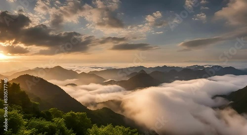 Billowing Clouds at Sunset Over the Undulating Mountains of Jiucaiping, Guizhou, China. Sunset Glow Enhances the Spectacular Scene as Clouds and Mists Roll and Relax Between the Peaks
 photo