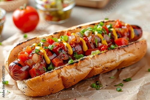 Hot Dog - Classic hot dog with mustard, ketchup, and relish in a soft bun. 