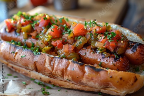 Hot Dog - Classic hot dog with mustard, ketchup, and relish in a soft bun. 