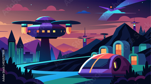 Guests can easily request an eVTOL taxi through their resort app allowing for a seamless and efficient mode of transportation throughout the resort.. Vector illustration