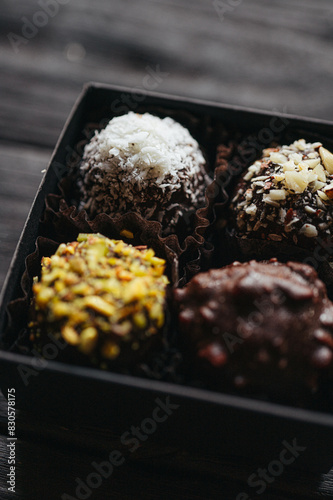 A box of assorted chocolate candies on a black background