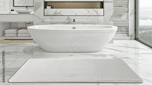 white bath mat on the floor of a modern bathroom. Close-up mockup