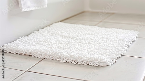 white bath mat on the floor of a modern bathroom. Close-up mockup