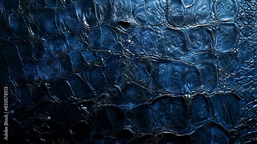  A close-up of alligator skin textured with dark and light blue hues on its surface photo
