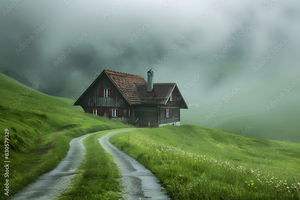 A small wooden house on the side of an empty road, surrounded by green grass and a foggy forest in the background. Traditional Swiss farmhouse in the countryside.