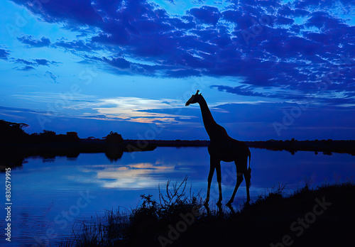 Giraffe silhouette at sunset. Created with Ai