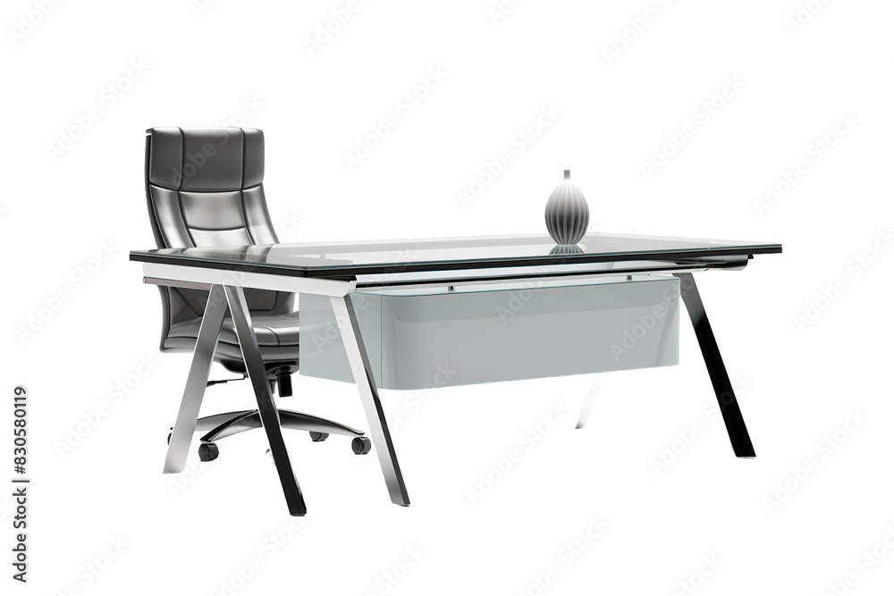 Fototapeta premium Modern glass office desk and ergonomic chair, minimalist workspace furniture in black and silver, home office setup isolated on Transparent Background