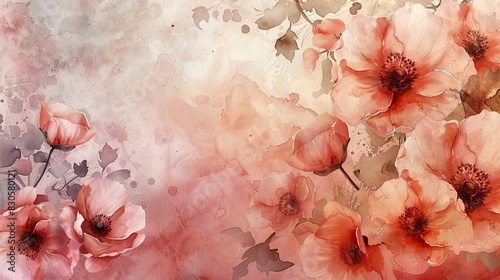 watercolor Pink watercolor flowers on a beige background. © MAY