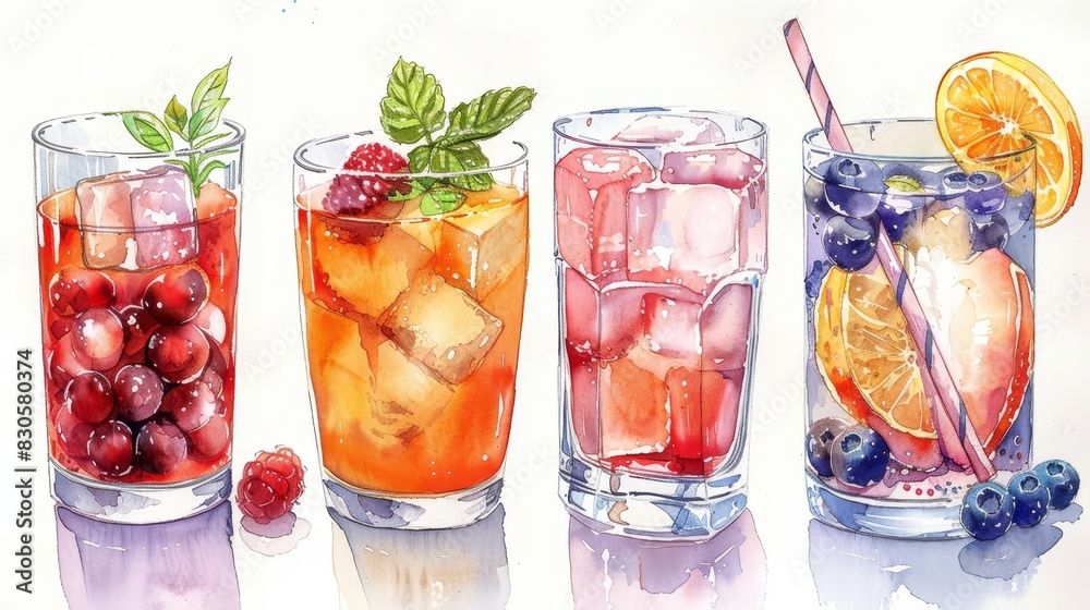 watercolor Refreshing summer drinks. A variety of delicious flavors to choose from. Cool down with a glass today! watercolor Refreshing summer drinks. A variety of delicious flavors to choose from. Cool down with a glass today!