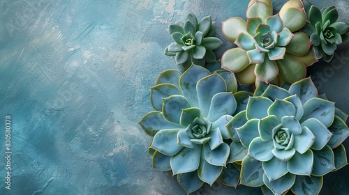 watercolor Succulent plants on a blue stone background. Echeveria and sedum. Top view, flat lay. photo