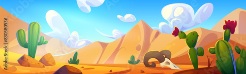 Sunny hot desert landscape with sand surface, dune hills, green cactus and grass, animal skull and blue sky with clouds. Cartoon vector illustration of sandy western or african wilderness scenery.