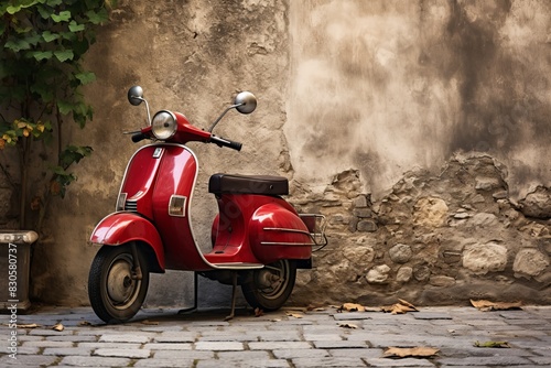 Vintage red scooter parked against a weathered wall, depicting charming retro ambiance