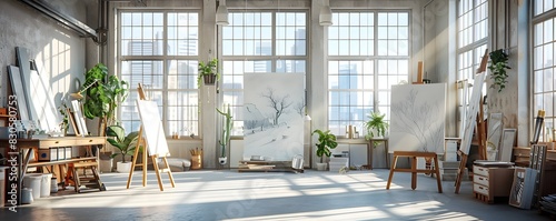 Bright and Airy s Workspace with Large Windows and Easels photo