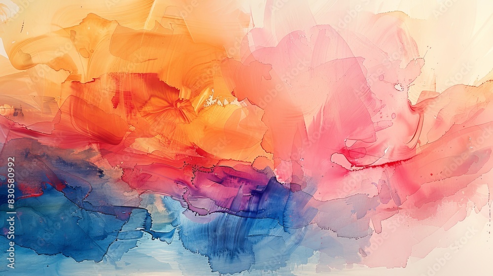 watercolor The image is an abstract painting with a colorful gradient of orange, yellow, pink, purple, blue and white