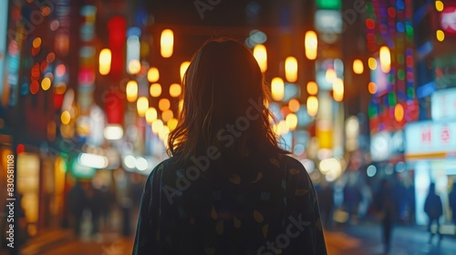  A woman stands in a lit street at night Buildings are aglow with numerous lights People walk on the sidewalks © Mikus