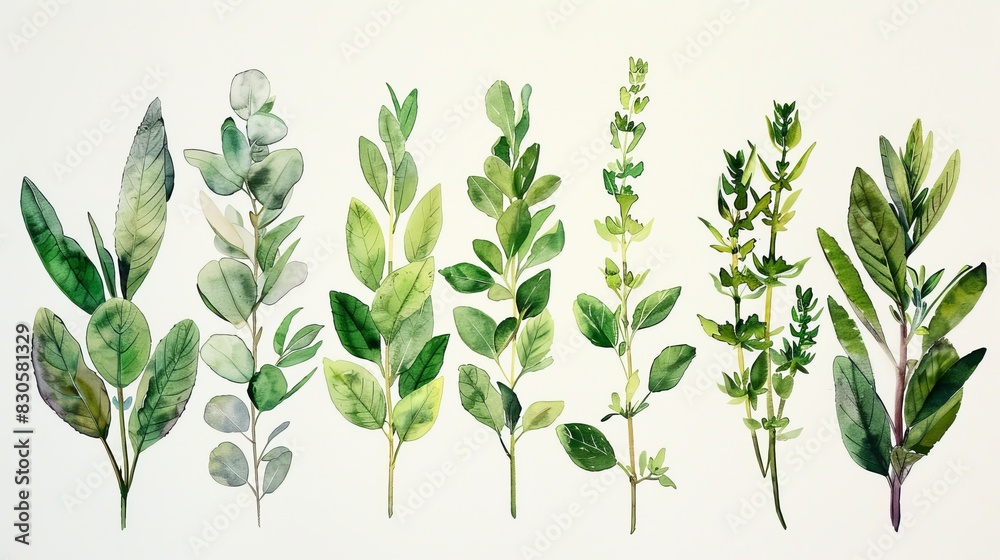 custom made wallpaper toronto digitalwatercolor The image shows a variety of watercolor herbs, including sage, rosemary, and thyme. The herbs are all green and leafy, and they are arranged in a row on a white background.