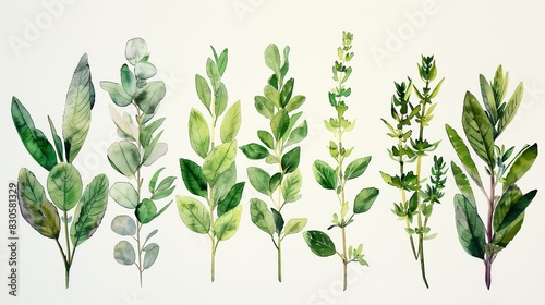 watercolor The image shows a variety of watercolor herbs  including sage  rosemary  and thyme. The herbs are all green and leafy  and they are arranged in a row on a white background.