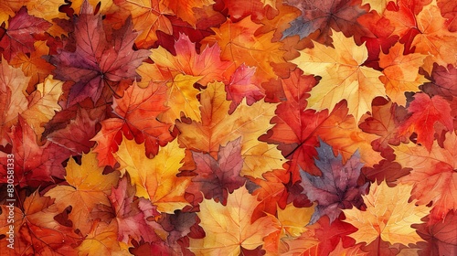 watercolor The image shows a pile of colorful autumn leaves in red  orange  yellow  and brown
