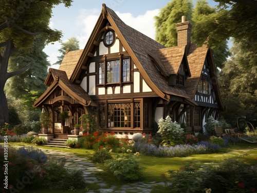 Charming Tudor-Style House with Half-Timbered Walls and Steep Roof Amidst Lush Greenery