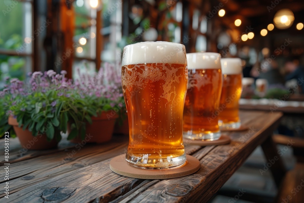 Bier - Glasses of German beer with frothy heads, in a festive beer garden setting. Bier - Glasses of German beer with frothy heads, in a festive beer garden setting.