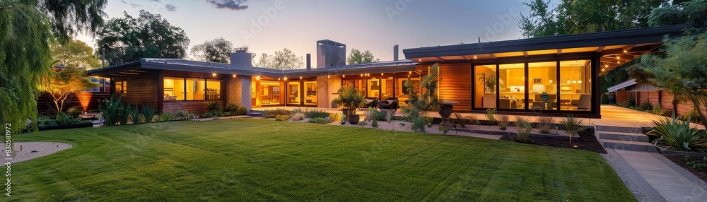 Obraz premium Modern Suburban Oasis: Stylish Home with Expansive Backyard Retreat
