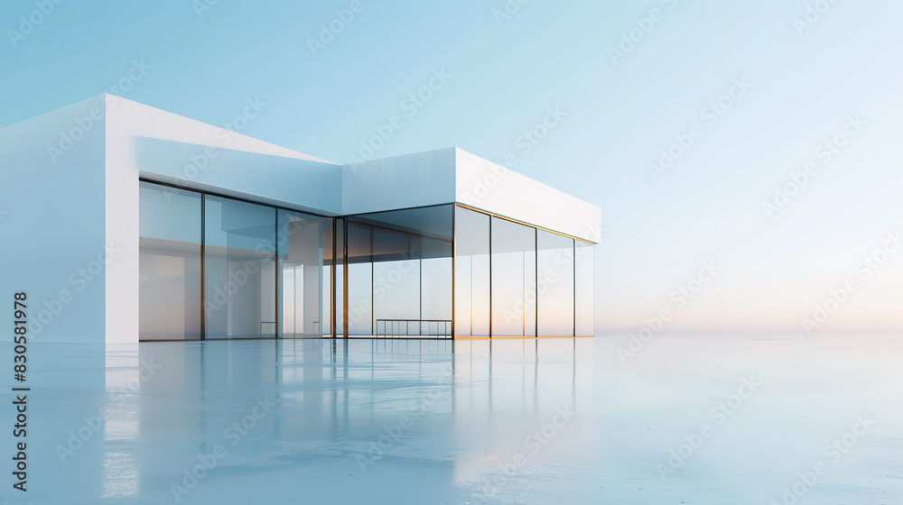 The exterior facade and open space in front of the white minimalist modern architectural exhibition hall The exterior facade and open space in front of the white minimalist modern architectural exhibition hall