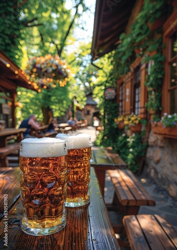 Bier - Glasses of German beer with frothy heads, in a festive beer garden setting.  © Nico