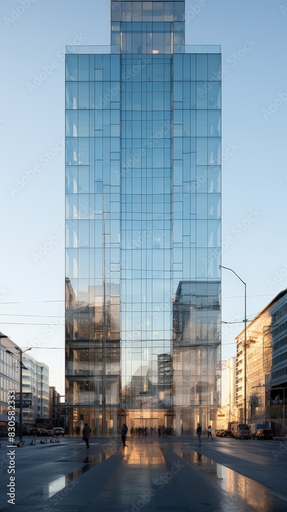 Majestic Skyscraper Reflecting Urban Landscape - Modern Office Building with Glass Exterior and City View Majestic Skyscraper Reflecting Urban Landscape - Modern Office Building with Glass Exterior and City View